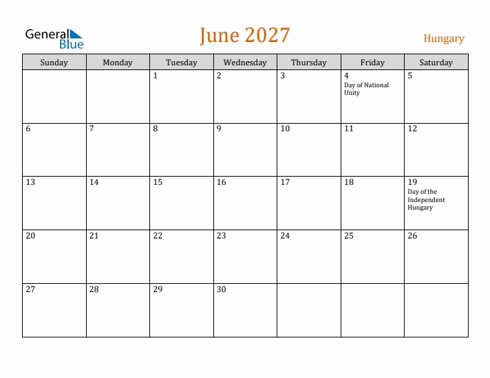 June 2027 Holiday Calendar with Sunday Start