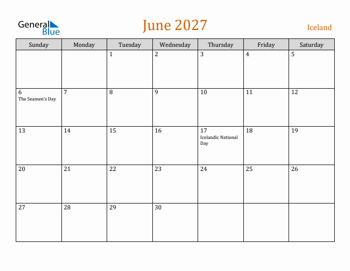 June 2027 Holiday Calendar with Sunday Start