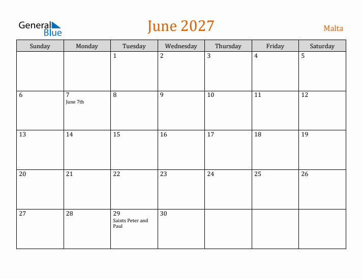 June 2027 Holiday Calendar with Sunday Start