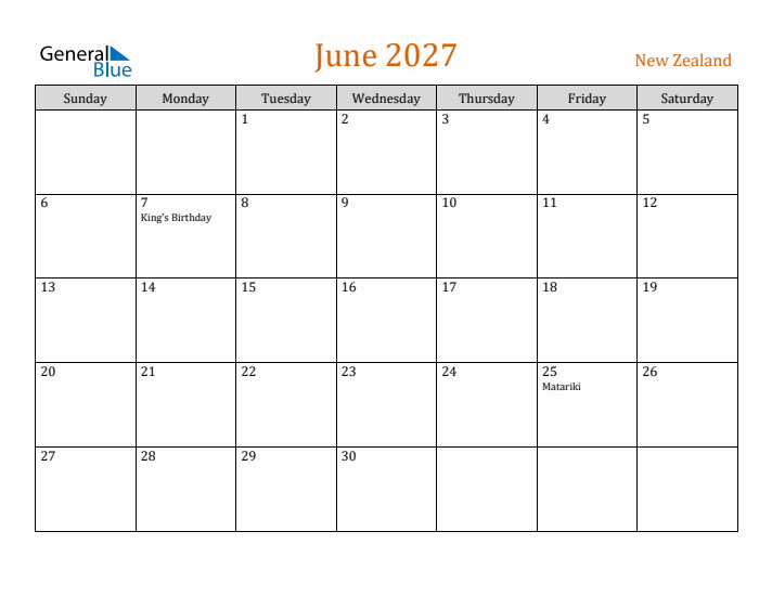 June 2027 Holiday Calendar with Sunday Start