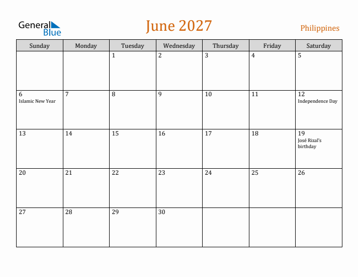 June 2027 Holiday Calendar with Sunday Start