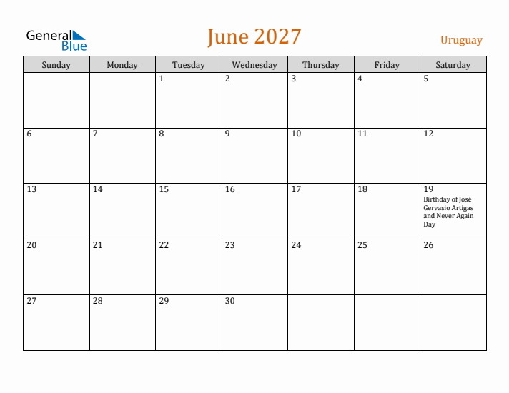 June 2027 Holiday Calendar with Sunday Start