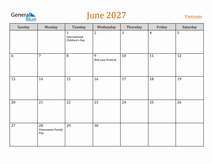 June 2027 Holiday Calendar with Sunday Start