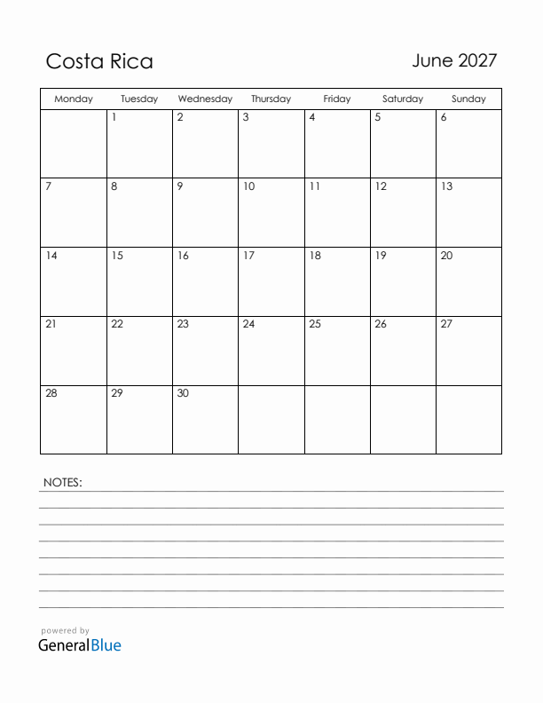 June 2027 Costa Rica Calendar with Holidays (Monday Start)