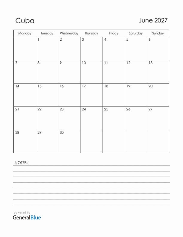 June 2027 Cuba Calendar with Holidays (Monday Start)