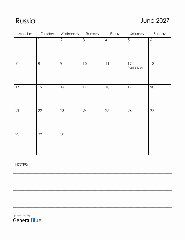 June 2027 Russia Calendar with Holidays (Monday Start)