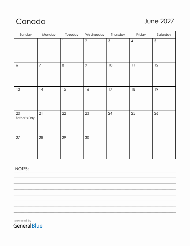 June 2027 Canada Calendar with Holidays (Sunday Start)
