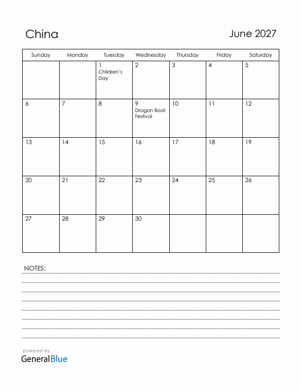 June 2027 China Calendar with Holidays (Sunday Start)