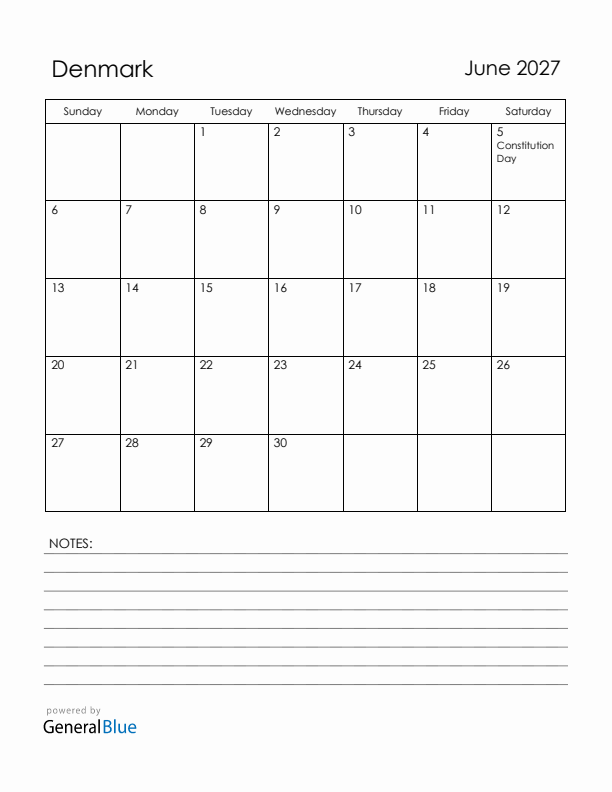 June 2027 Denmark Calendar with Holidays (Sunday Start)