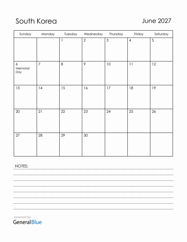 June 2027 South Korea Calendar with Holidays (Sunday Start)