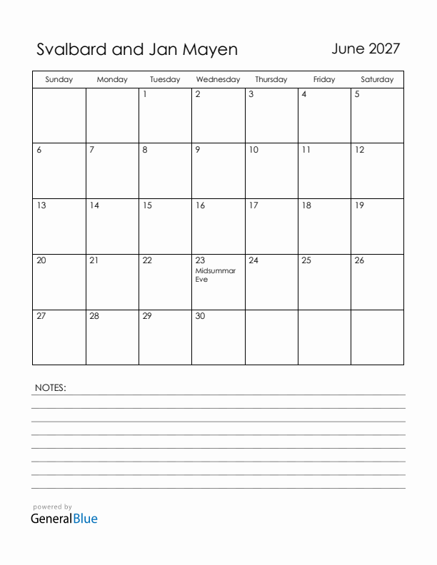 June 2027 Svalbard and Jan Mayen Calendar with Holidays (Sunday Start)