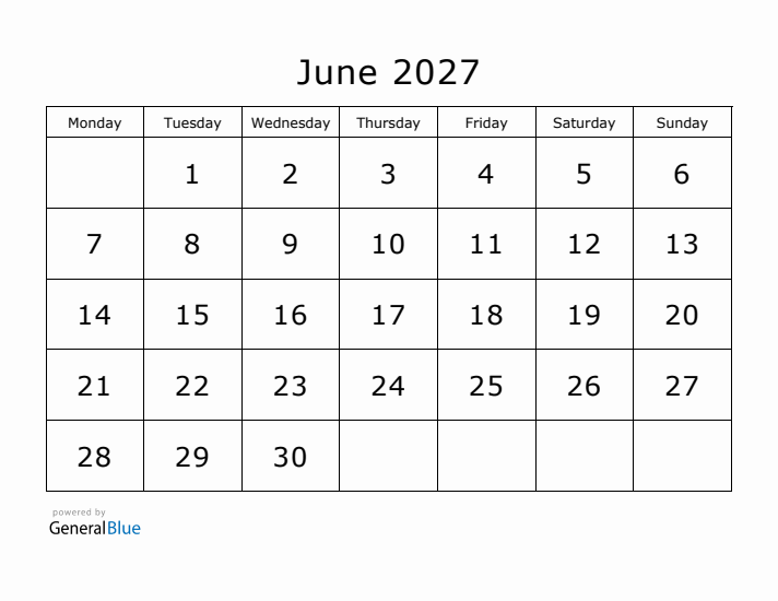 Printable June 2027 Calendar - Monday Start