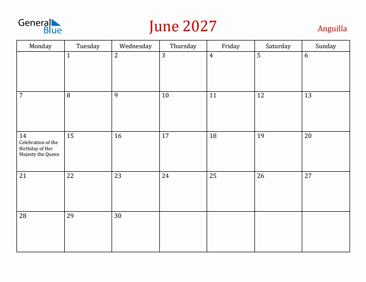 Anguilla June 2027 Calendar - Monday Start