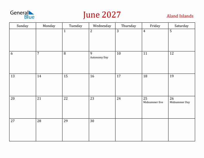 Aland Islands June 2027 Calendar - Sunday Start