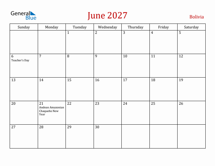 Bolivia June 2027 Calendar - Sunday Start