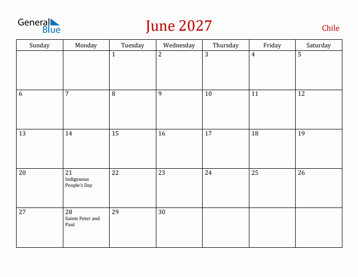 Chile June 2027 Calendar - Sunday Start