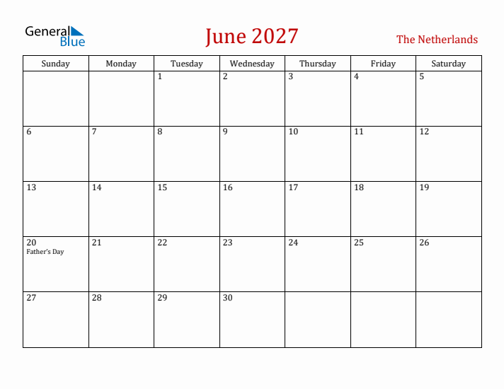 The Netherlands June 2027 Calendar - Sunday Start