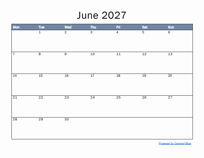 June 2027 Simple Month Calendar Template