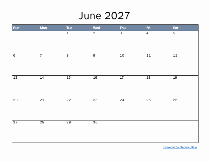 June 2027 Simple Month Calendar Template