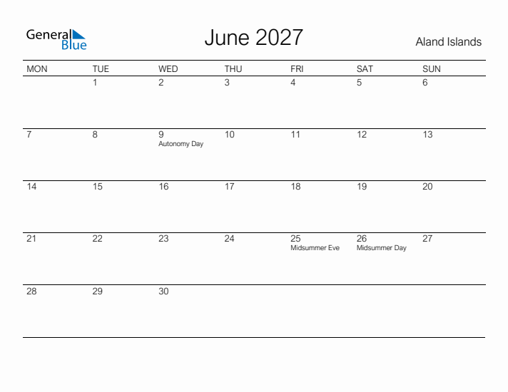 Printable June 2027 Calendar for Aland Islands