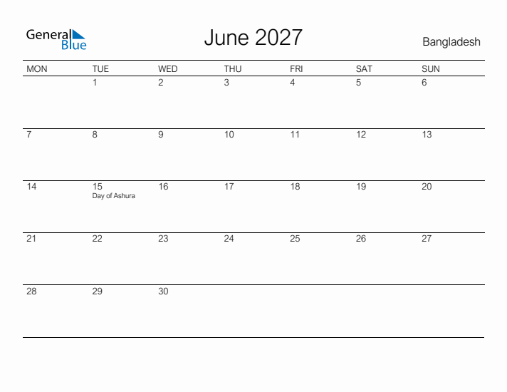 Printable June 2027 Calendar for Bangladesh