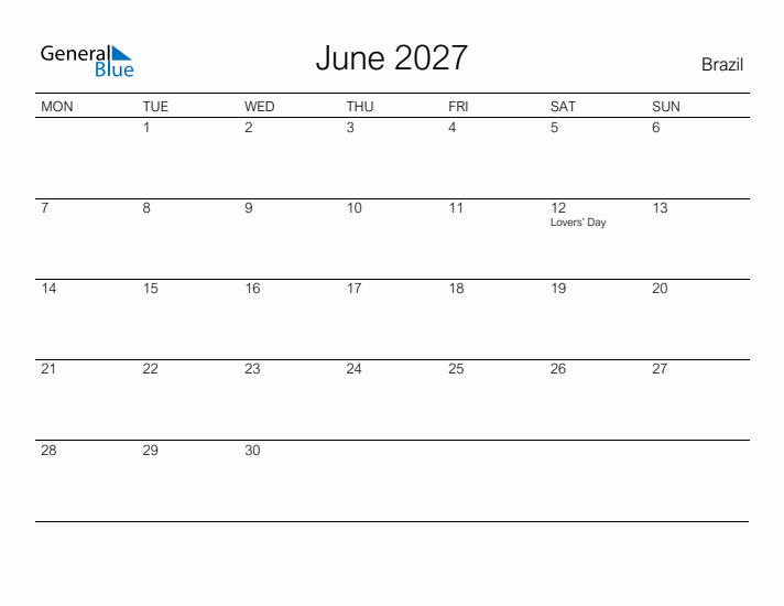 Printable June 2027 Calendar for Brazil