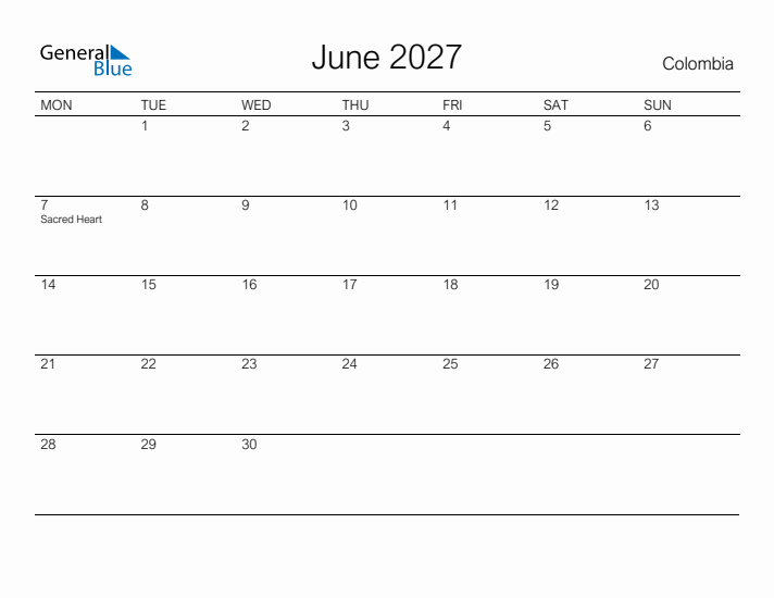 Printable June 2027 Calendar for Colombia