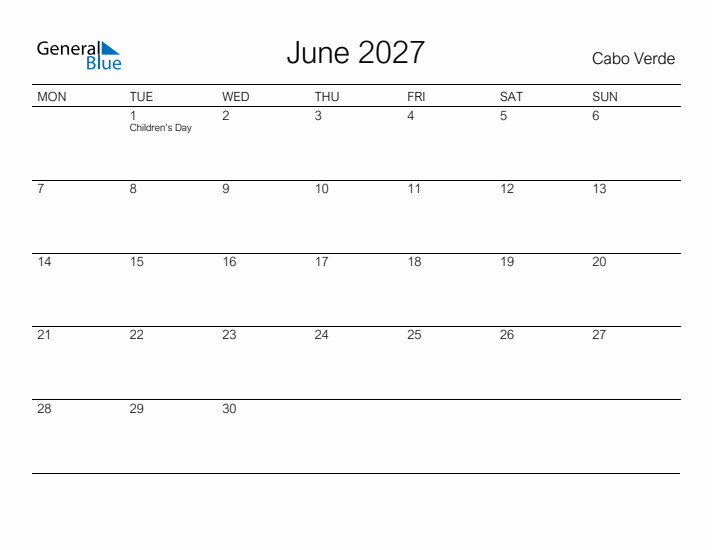 Printable June 2027 Calendar for Cabo Verde