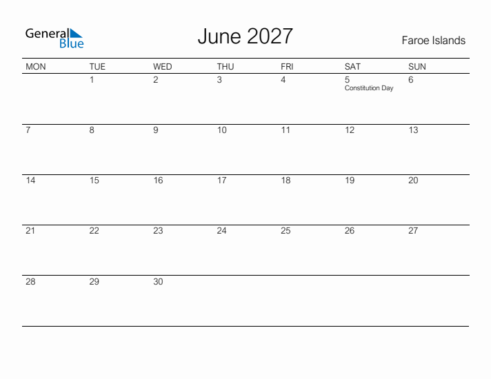 Printable June 2027 Calendar for Faroe Islands