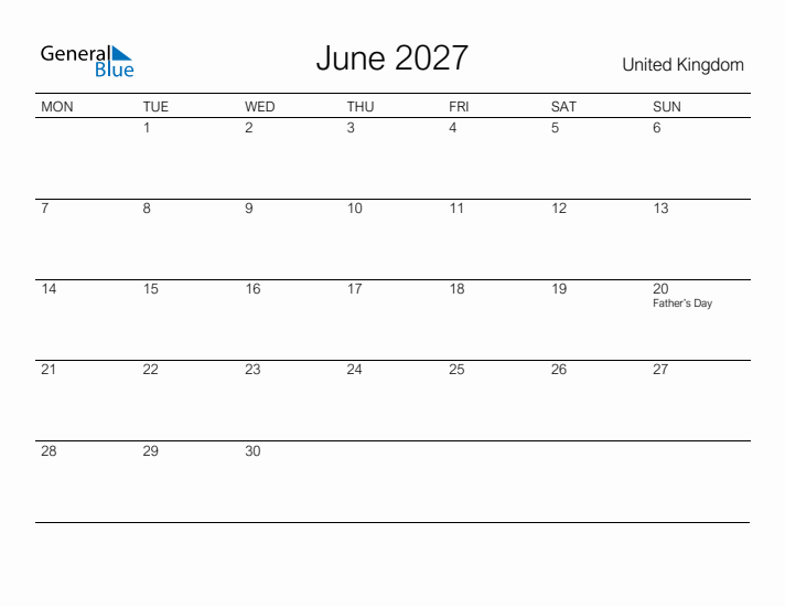 Printable June 2027 Calendar for United Kingdom