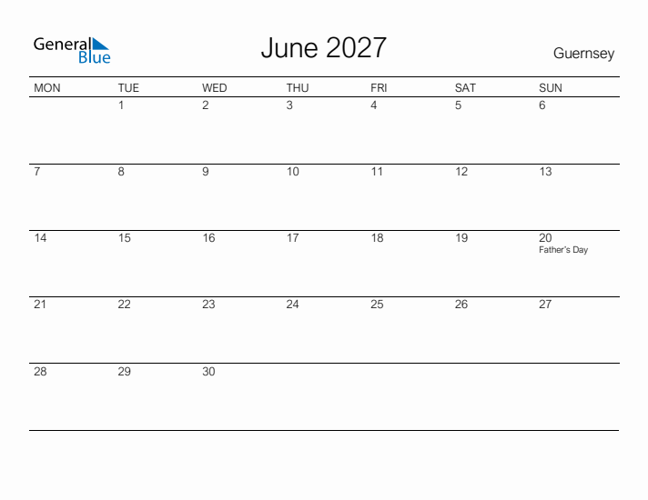 Printable June 2027 Calendar for Guernsey