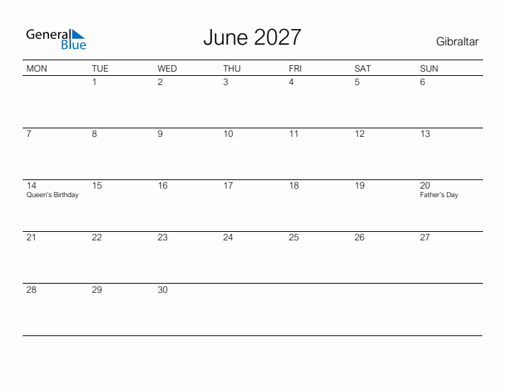 Printable June 2027 Calendar for Gibraltar