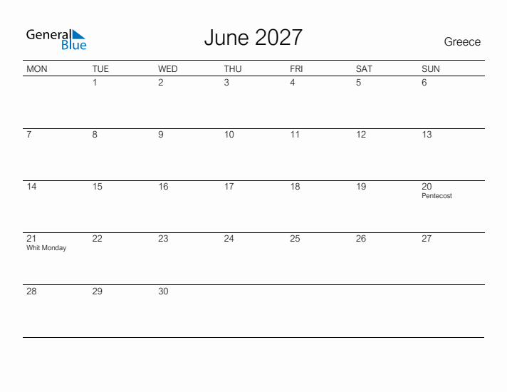 Printable June 2027 Calendar for Greece