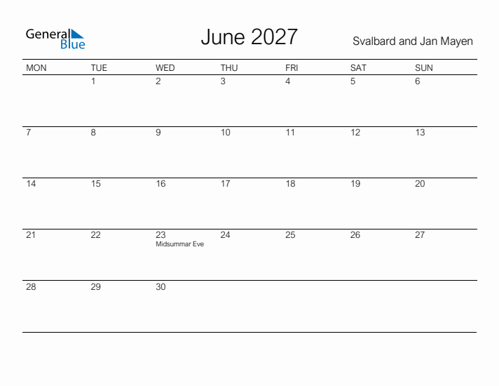 Printable June 2027 Calendar for Svalbard and Jan Mayen