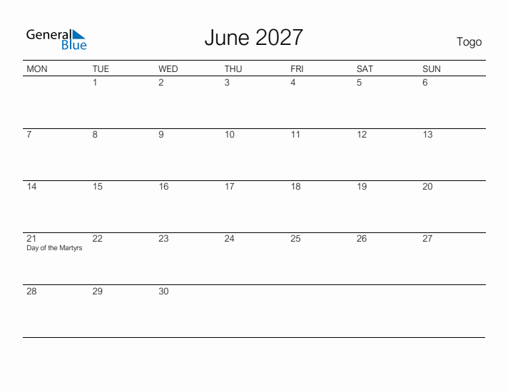 Printable June 2027 Calendar for Togo