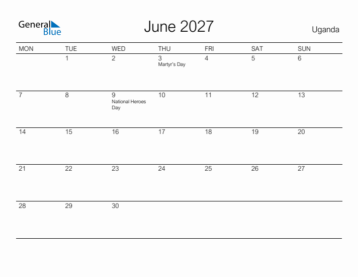 Printable June 2027 Calendar for Uganda