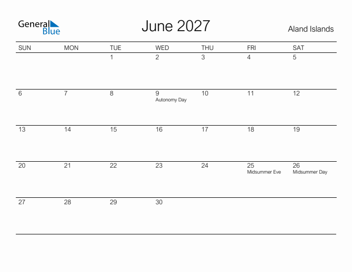 Printable June 2027 Calendar for Aland Islands