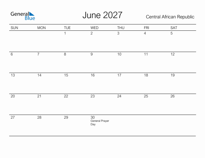 Printable June 2027 Calendar for Central African Republic