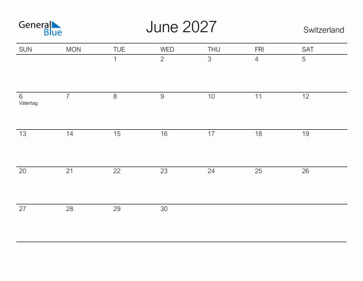 Printable June 2027 Calendar for Switzerland