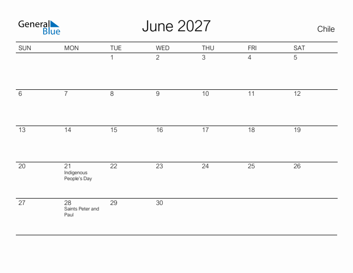 Printable June 2027 Calendar for Chile