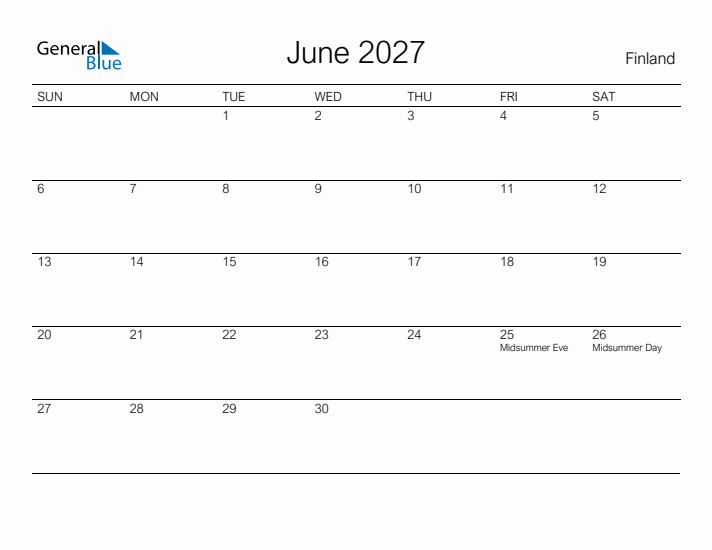 Printable June 2027 Calendar for Finland