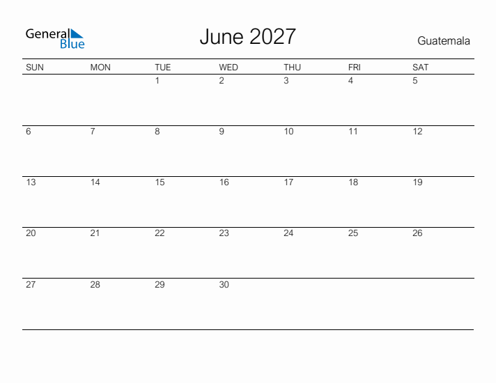 Printable June 2027 Calendar for Guatemala