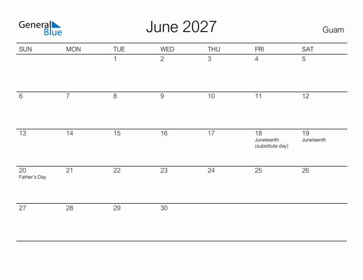 Printable June 2027 Calendar for Guam