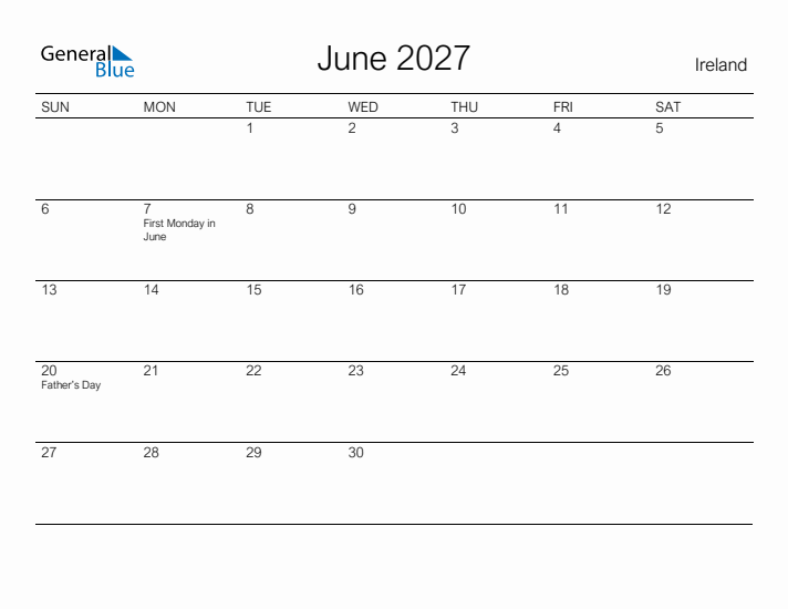 Printable June 2027 Calendar for Ireland