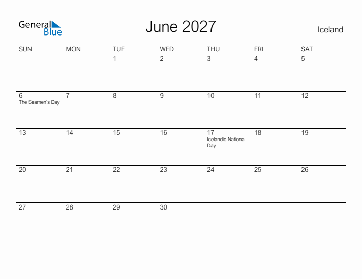 Printable June 2027 Calendar for Iceland