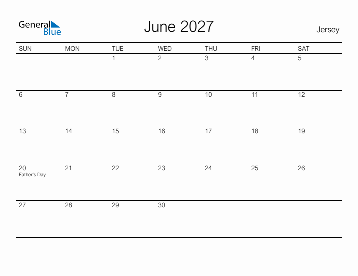 Printable June 2027 Calendar for Jersey