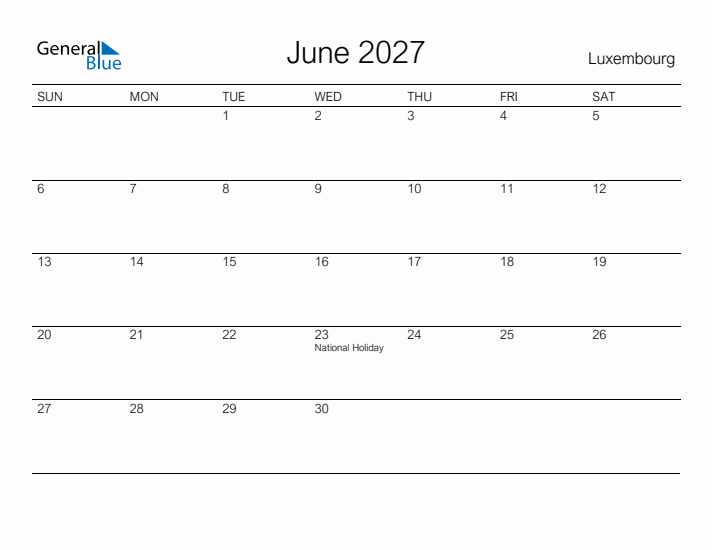 Printable June 2027 Calendar for Luxembourg