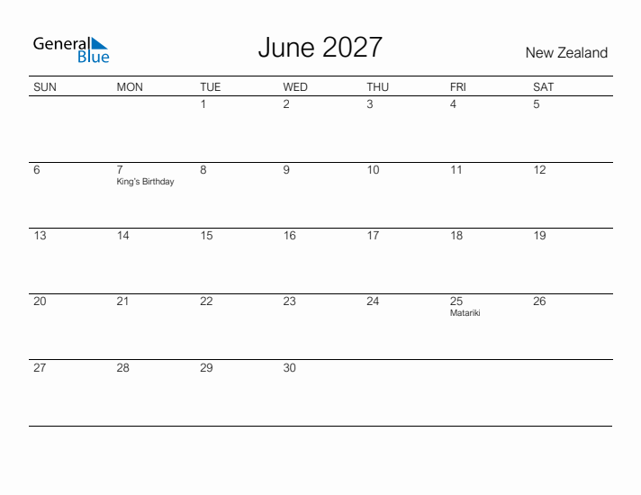 Printable June 2027 Calendar for New Zealand