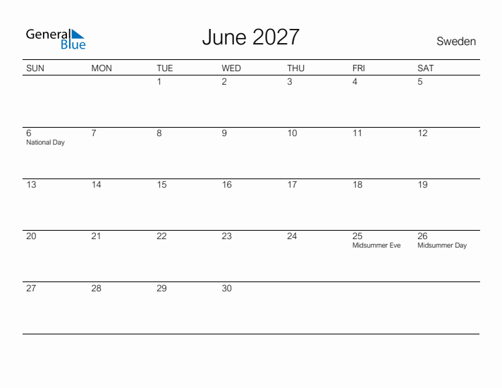 Printable June 2027 Calendar for Sweden