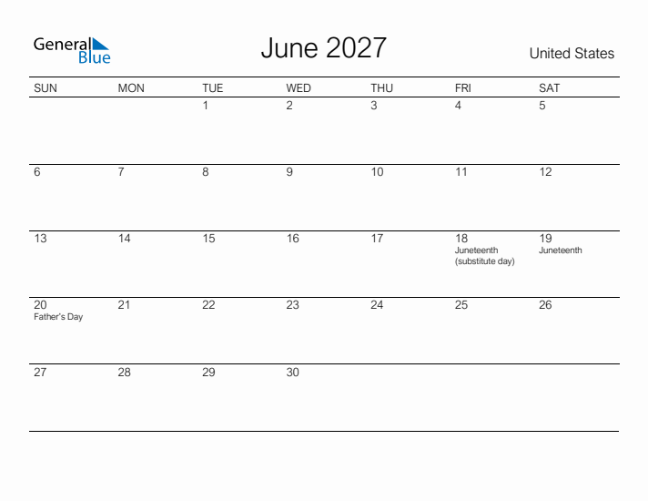 Printable June 2027 Calendar for United States